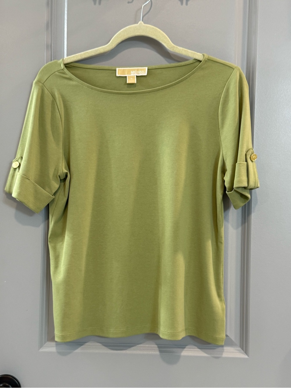 NWOT/ Michael Kors Light Olive Short Sleeve Boatneck Top with Button Tabs